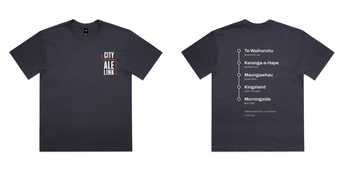 The City Ale Link tee in ink blue shown front and back together: the stacked CITY ALE LINK chest print on the left, the five-station route list on the right, both printed in white with the orange route line.
