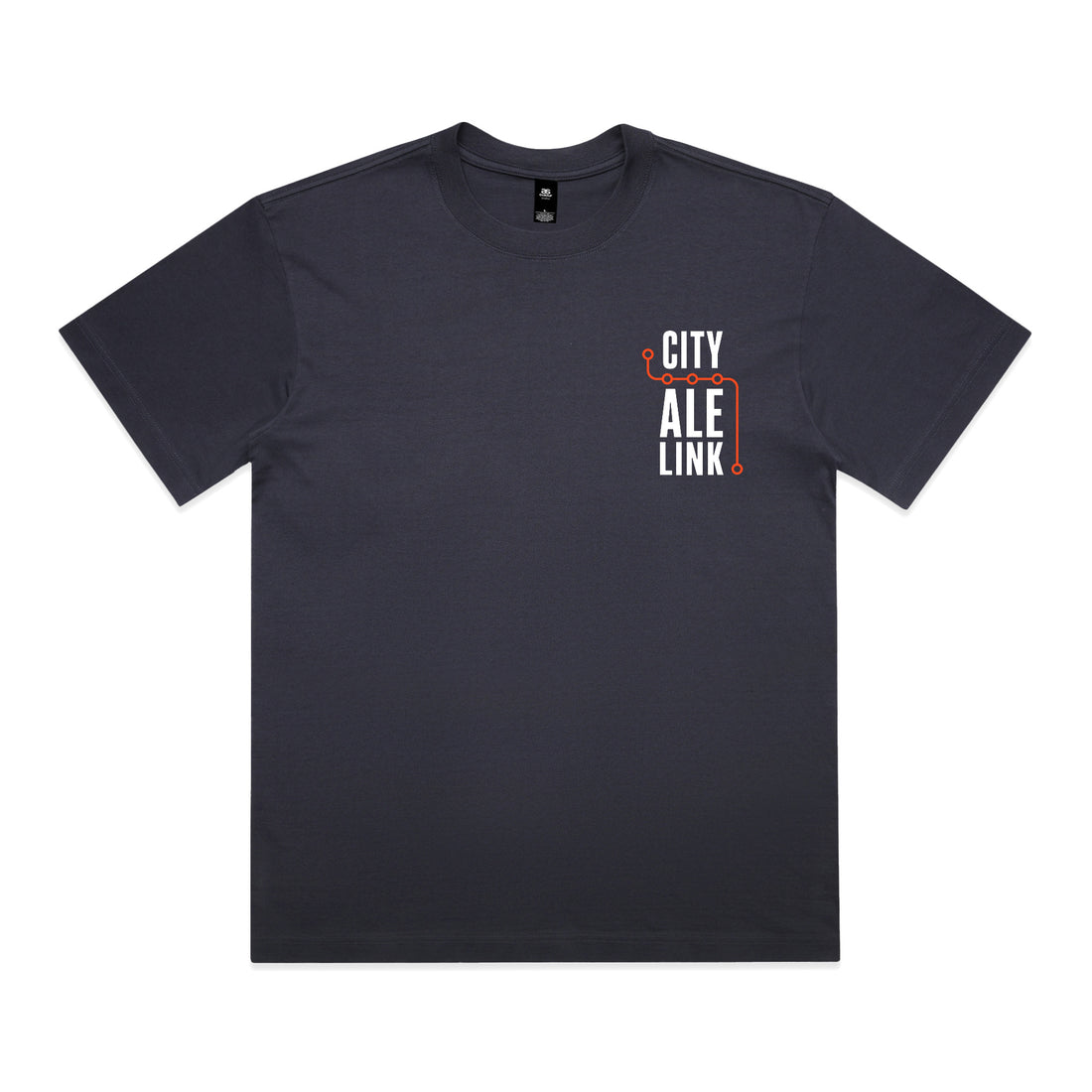 Front of the City Ale Link tee in ink blue: a deep navy heavyweight box tee with a small left-chest print, the words CITY ALE LINK stacked in white with an orange route line turning around them and five circular stops along it.