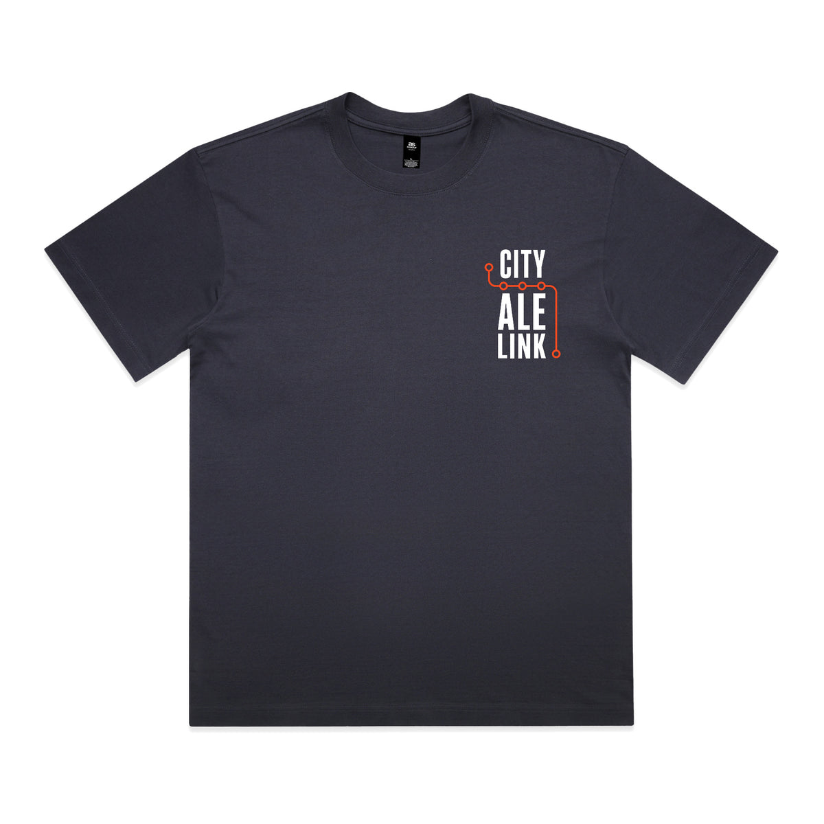 Front of the City Ale Link tee in ink blue: a deep navy heavyweight box tee with a small left-chest print, the words CITY ALE LINK stacked in white with an orange route line turning around them and five circular stops along it.