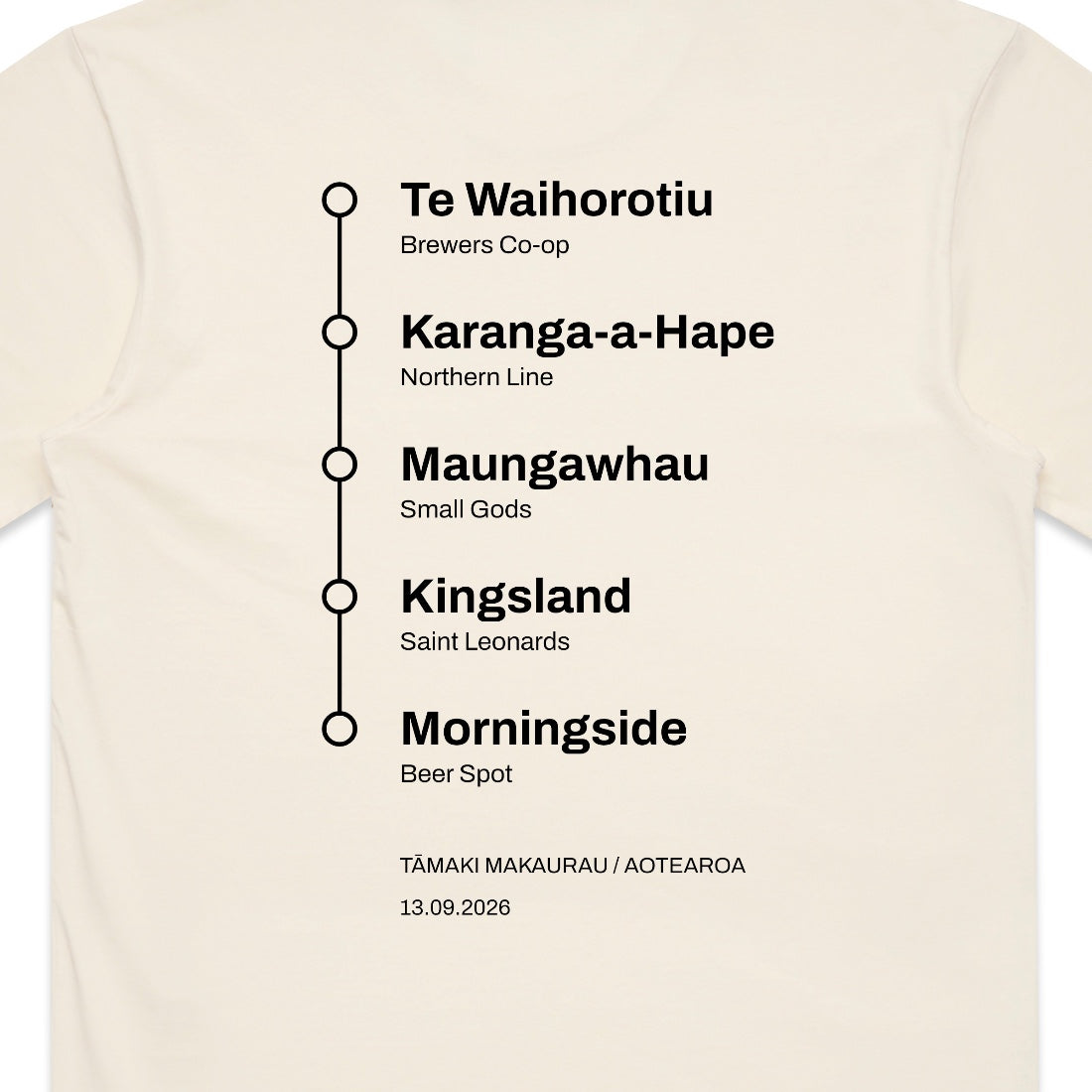 Close-up of the back print: the five stations listed down a vertical black line with circular stops, Te Waihorotiu with Brewers Co-op, Karanga-a-Hape with Northern Line, Maungawhau with Small Gods, Kingsland with Saint Leonards and Morningside with Beer Spot, above Tamaki Makaurau, Aotearoa and the date 13.09.2026.