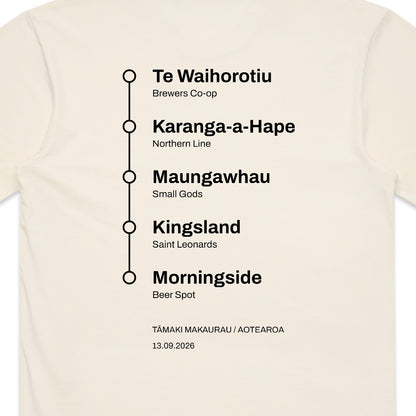 Close-up of the back print: the five stations listed down a vertical black line with circular stops, Te Waihorotiu with Brewers Co-op, Karanga-a-Hape with Northern Line, Maungawhau with Small Gods, Kingsland with Saint Leonards and Morningside with Beer Spot, above Tamaki Makaurau, Aotearoa and the date 13.09.2026.