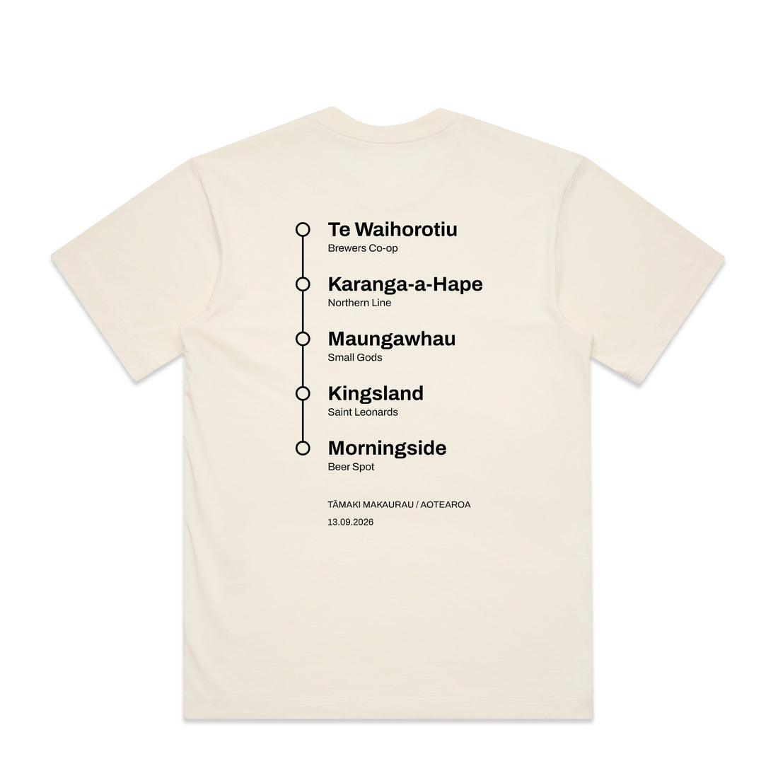 Back of the City Ale Link launch tee: the five stations printed as a vertical black line with five circular stops, Te Waihorotiu, Karanga-a-Hape, Maungawhau, Kingsland and Morningside, each with its venue named beneath, above Tamaki Makaurau / Aotearoa and the date 13.09.2026.
