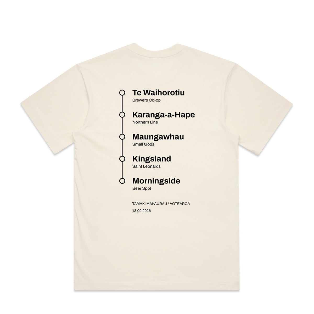 Back of the City Ale Link launch tee: the five stations printed as a vertical black line with five circular stops, Te Waihorotiu, Karanga-a-Hape, Maungawhau, Kingsland and Morningside, each with its venue named beneath, above Tamaki Makaurau / Aotearoa and the date 13.09.2026.