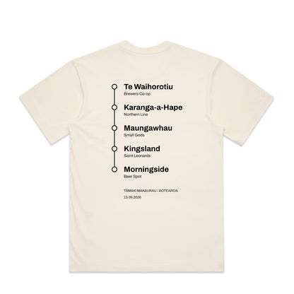 Back of the City Ale Link launch tee: the five stations printed as a vertical black line with five circular stops, Te Waihorotiu, Karanga-a-Hape, Maungawhau, Kingsland and Morningside, each with its venue named beneath, above Tamaki Makaurau / Aotearoa and the date 13.09.2026.