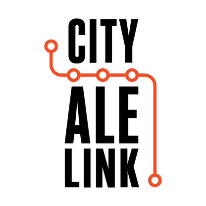 Close-up of the chest print artwork: CITY ALE LINK stacked in heavy black capitals, with an orange route line turning around the words and five circular stops set along it.