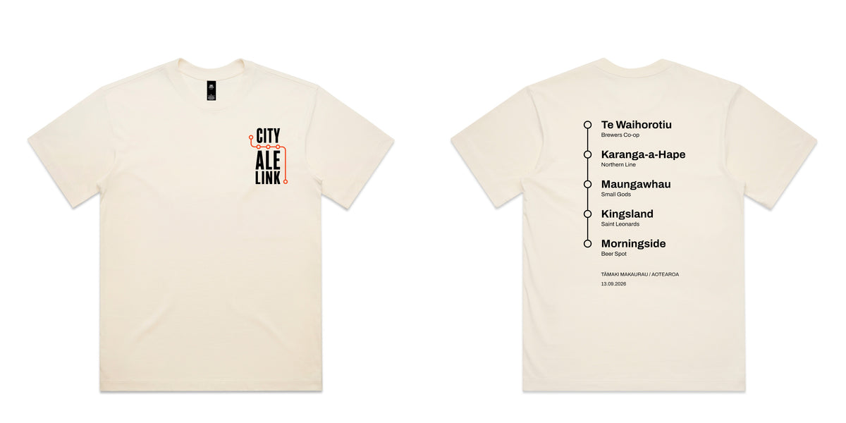 The City Ale Link launch tee shown front and back together: the stacked CITY ALE LINK chest print on the left, the five-station route list on the right.