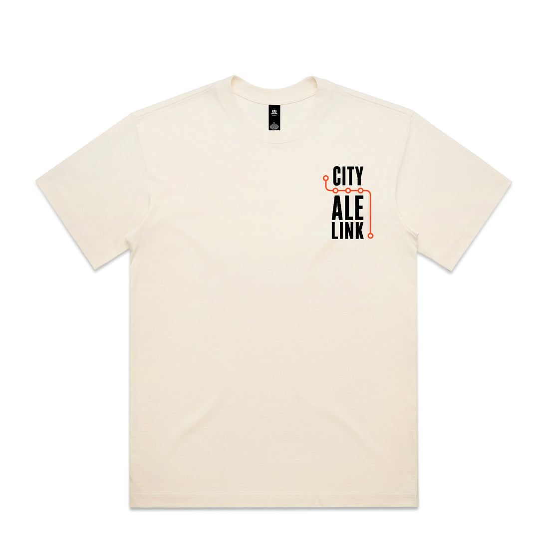 Front of the City Ale Link launch tee: a natural ecru heavyweight box tee with a small left-chest print, the words CITY ALE LINK stacked in black with an orange route line turning around them and five circular stops along it.