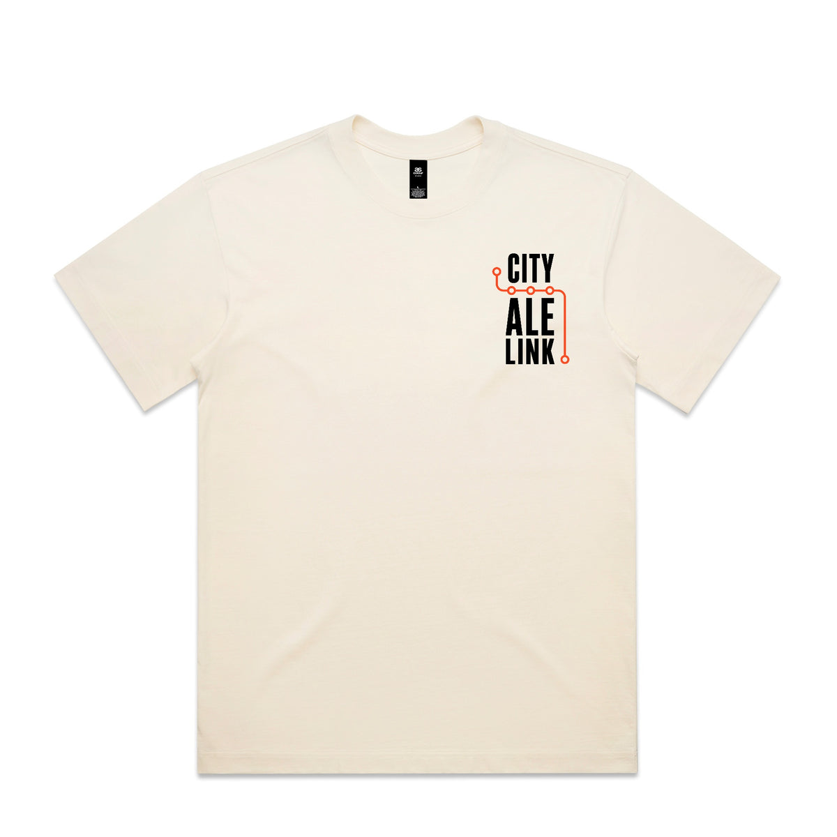 Front of the City Ale Link launch tee: a natural ecru heavyweight box tee with a small left-chest print, the words CITY ALE LINK stacked in black with an orange route line turning around them and five circular stops along it.